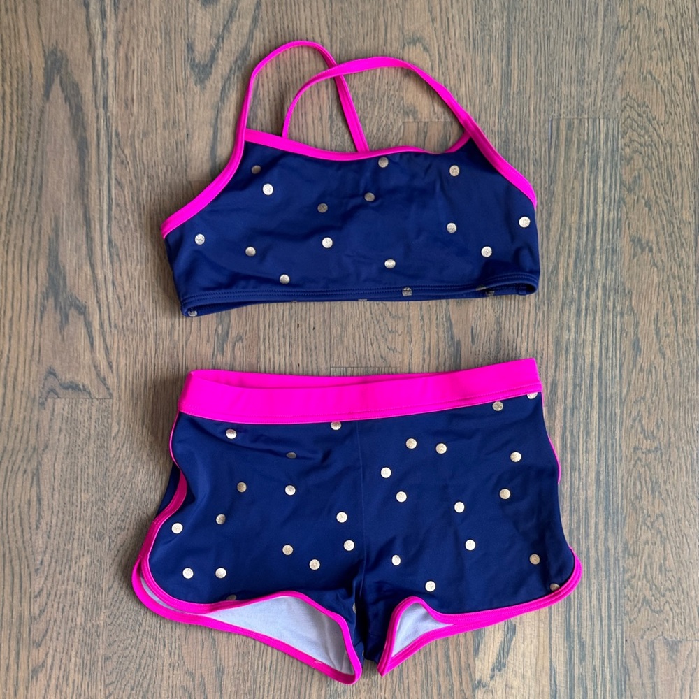 Mini Boden Navy and Pink Polka Dot Kids Swim Set